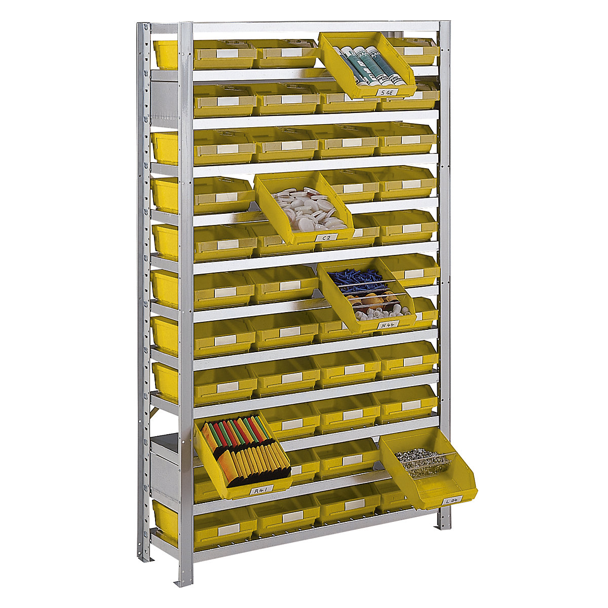 Összedugaszolós állvány dobozokkal – STEMO, állványmagasság 1790 mm, alapállvány, 400 mm mély, 32 sárga doboz-18