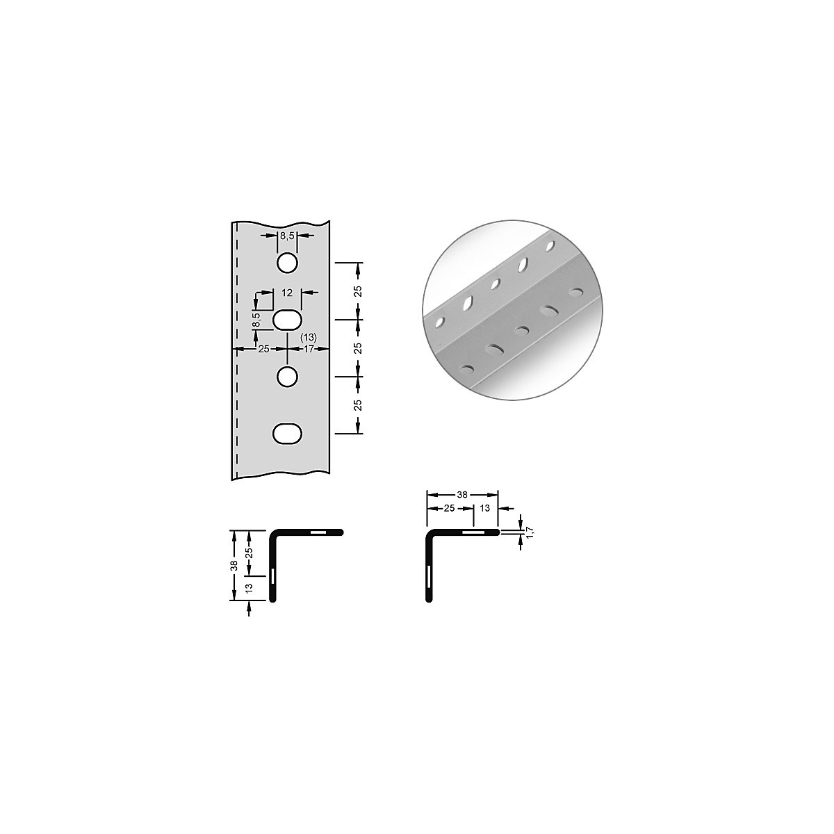 Acél szögprofil modulrendszerhez – hofe, 38 x 38 x 1,7 mm, hossz 2 m, világosszürke, cs. e. 10 db-7