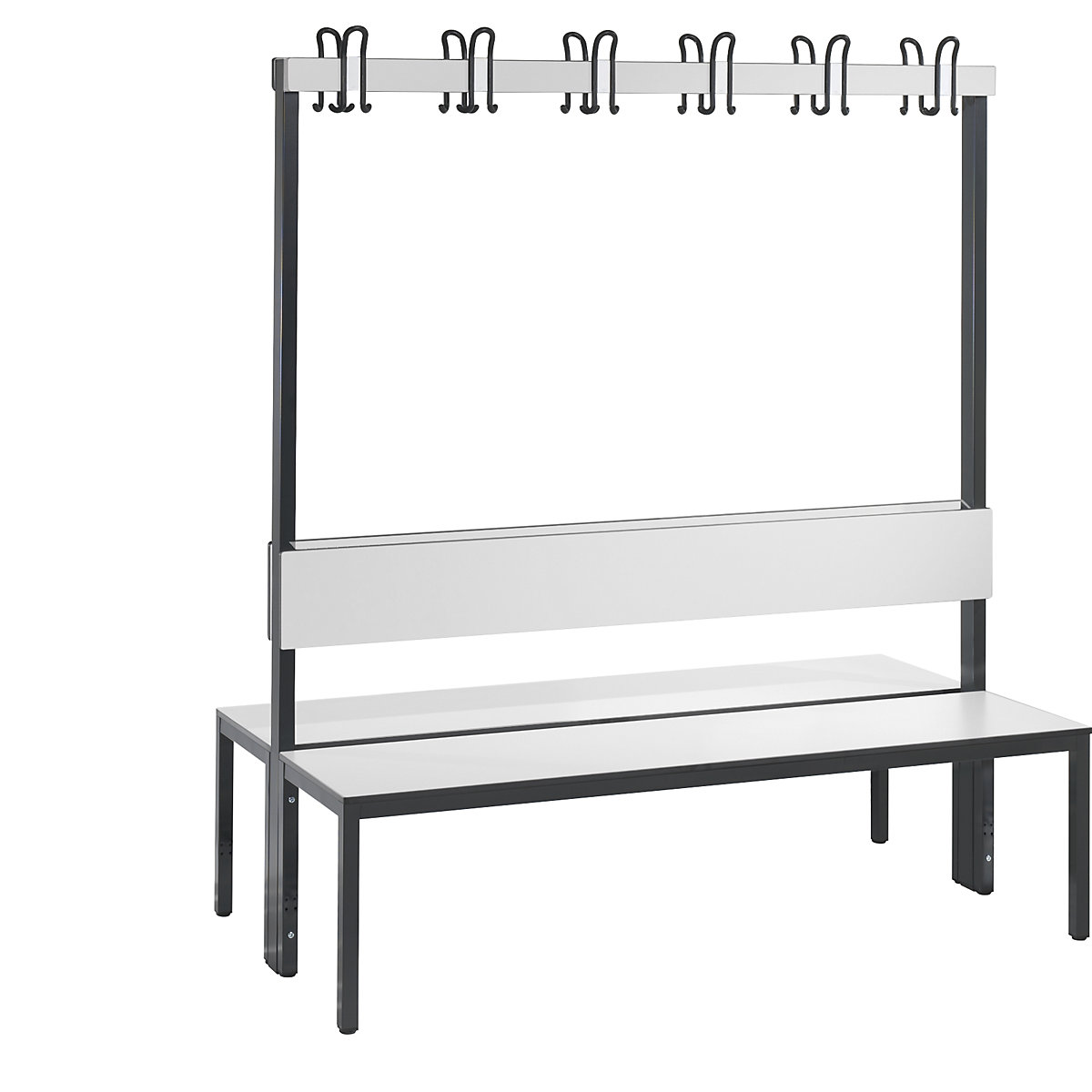 Banc de vestiaire BASIC PLUS double face – C+P, surface de l'assise en stratifié HPL, barre à patères, longueur 1500 mm, blanc-8
