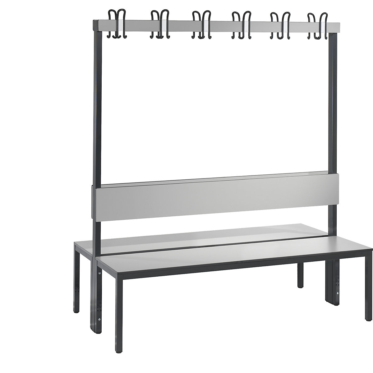 Banc de vestiaire BASIC PLUS double face – C+P, surface de l'assise en stratifié HPL, barre à patères, longueur 1500 mm, gris argent-4
