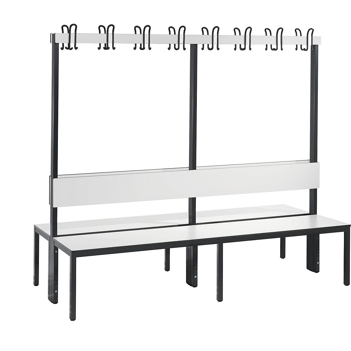 Banc de vestiaire BASIC PLUS double face – C+P, surface de l'assise en stratifié HPL, barre à patères, longueur 1960 mm, blanc-6