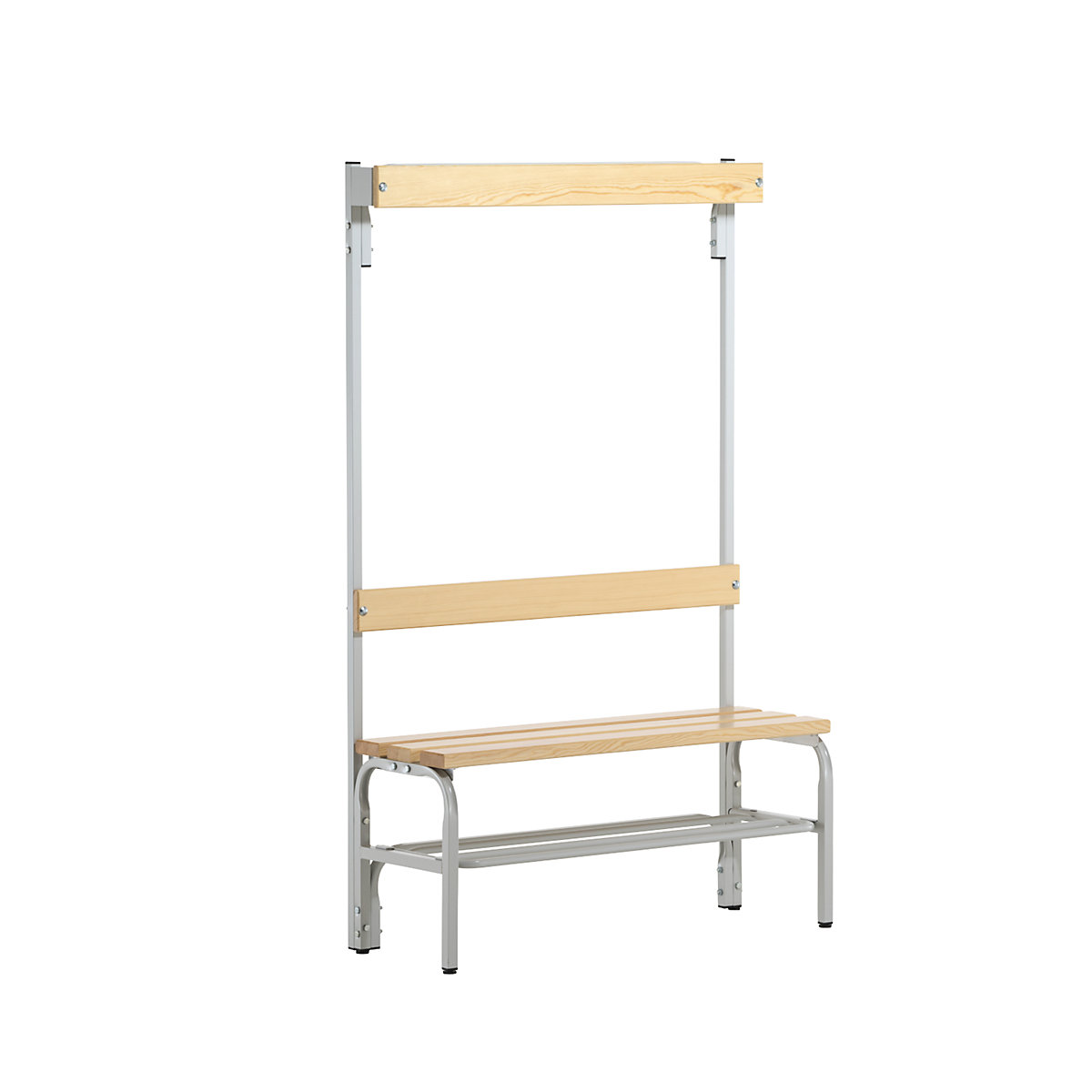 Bancs avec portemanteaux pour vestiaires – Sypro, simple face, 3 patères, 1015 mm, gris clair, grille pour chaussures-4