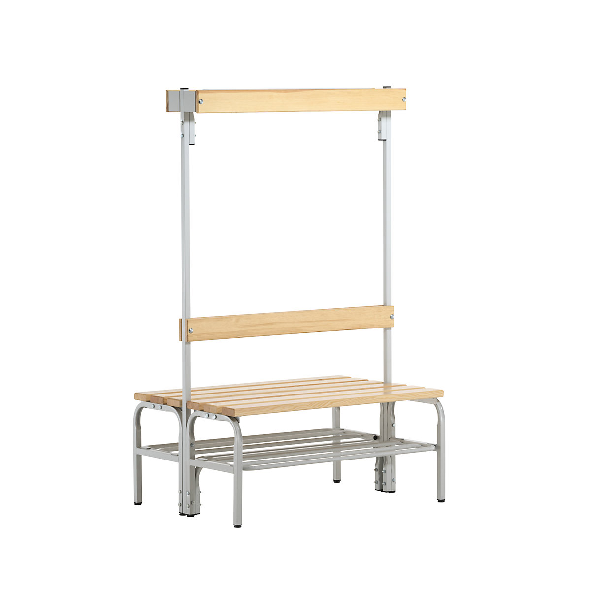 Bancs avec portemanteaux pour vestiaires – Sypro, double face, 6 patères, 1015 mm, gris clair, grille pour chaussures-2