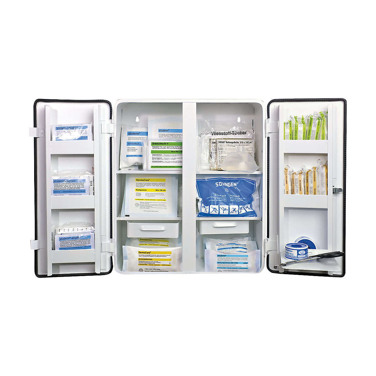 SÖHNGEN – Armoire à pharmacie conforme à la norme DIN 13169, à 2 portes, blanc, h x l x p 462 x 404 x 170 mm, avec contenu