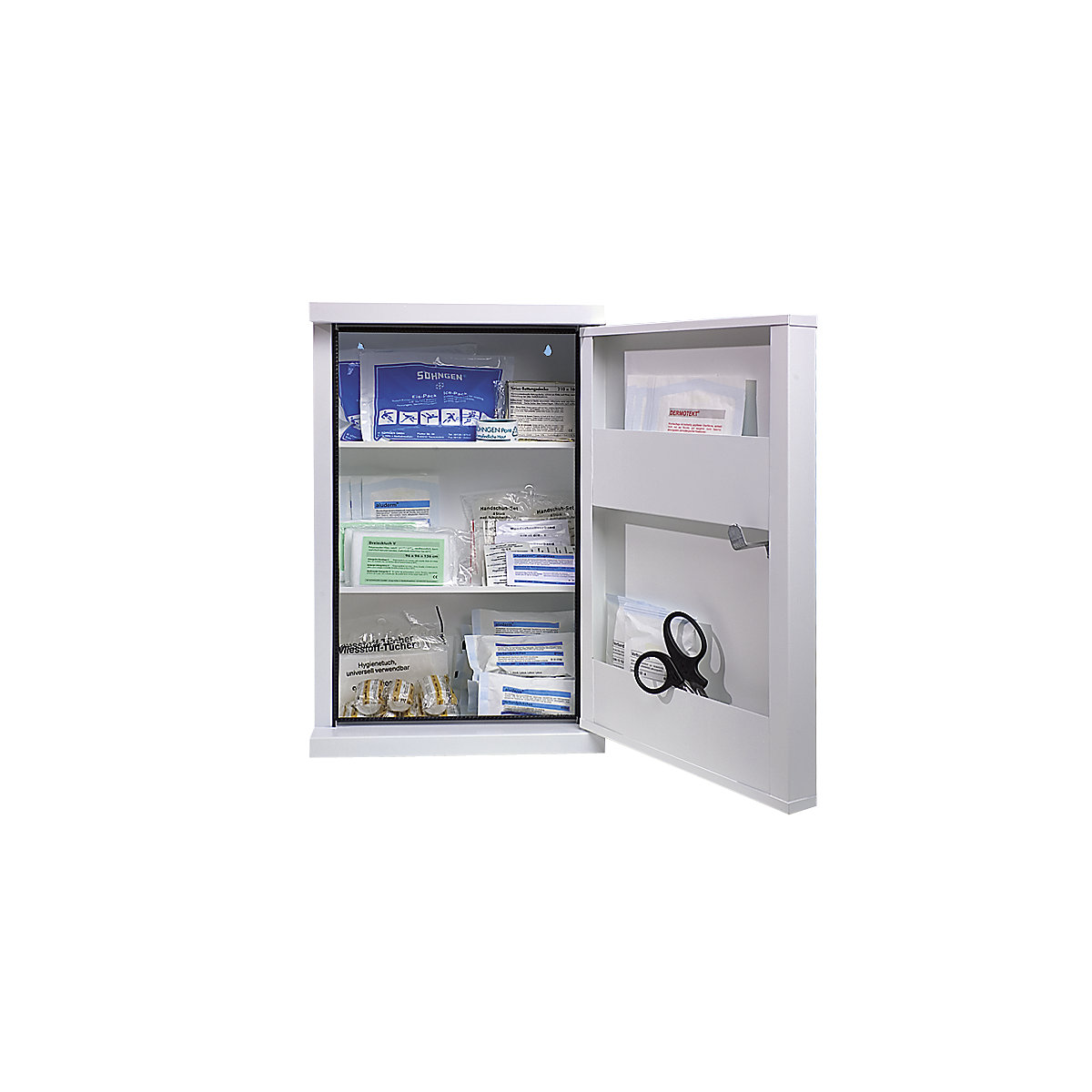 Armoire à pharmacie conforme à la norme DIN 13169 – SÖHNGEN, à 1 porte, blanc, h x l x p 560 x 360 x 200 mm, avec contenu