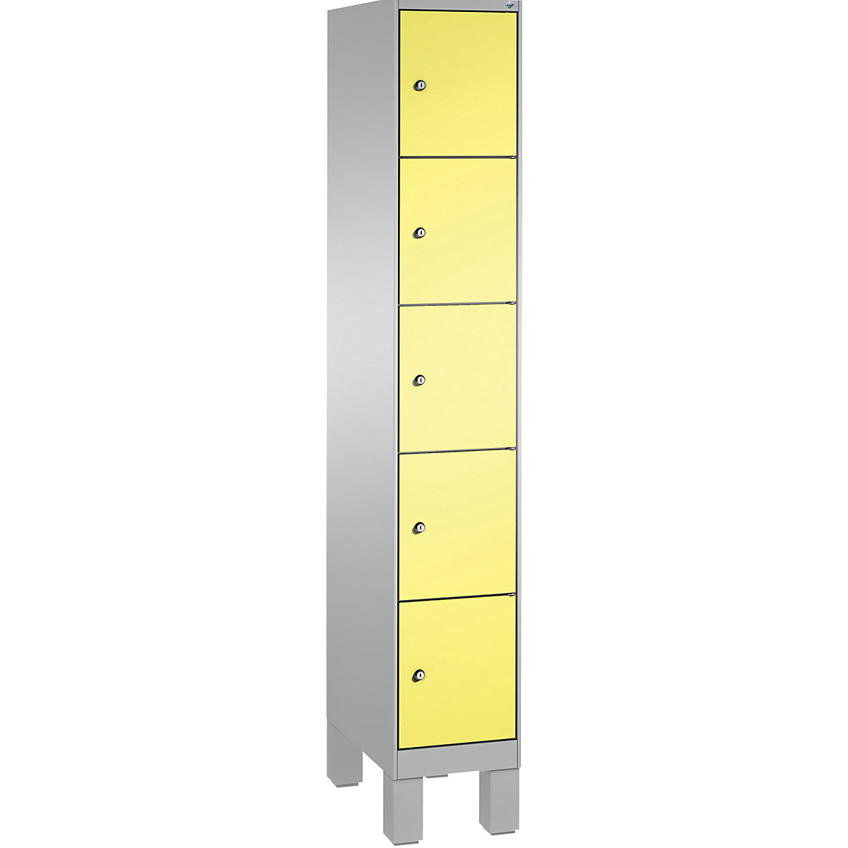 Armoire à casiers sur pieds EVOLO – C+P, 1 compartiment, 5 casiers, largeur compartiment 300 mm, aluminium / jaune soufre-8