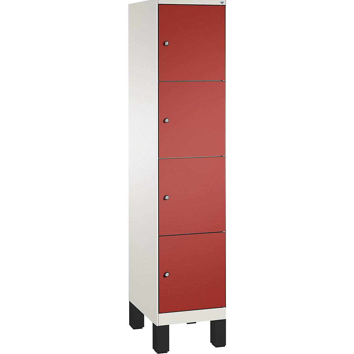 Armoire à casiers sur pieds EVOLO – C+P, 1 compartiment, 4 casiers, largeur compartiment 400 mm, blanc trafic / rouge feu-6