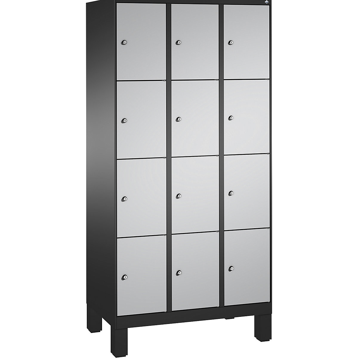 Armoire à casiers sur pieds EVOLO – C+P, 3 compartiments, 4 casiers chacun, largeur compartiments 300 mm, gris noir / aluminium-15