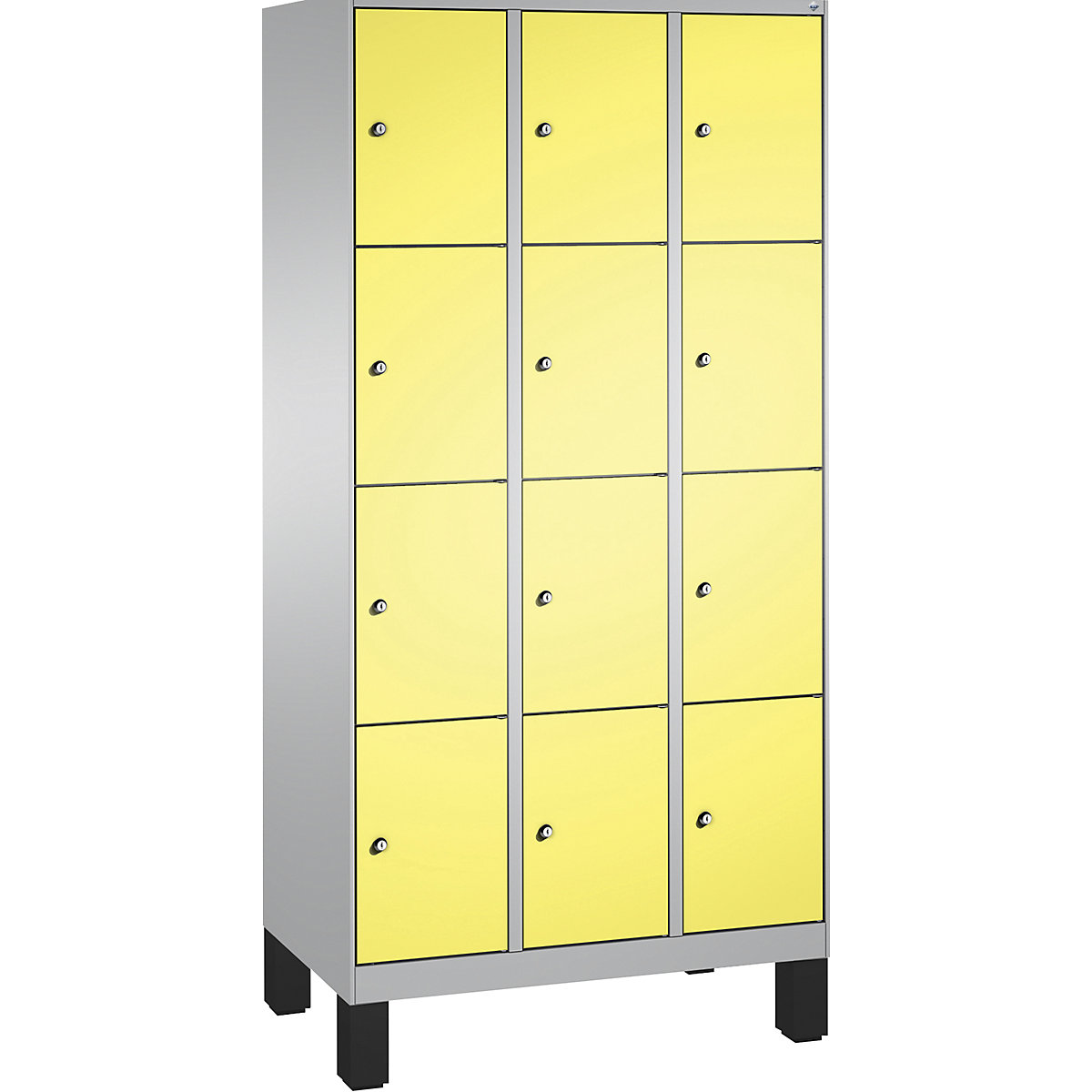 Armoire à casiers sur pieds EVOLO – C+P, 3 compartiments, 4 casiers chacun, largeur compartiments 300 mm, aluminium / jaune soufre-14