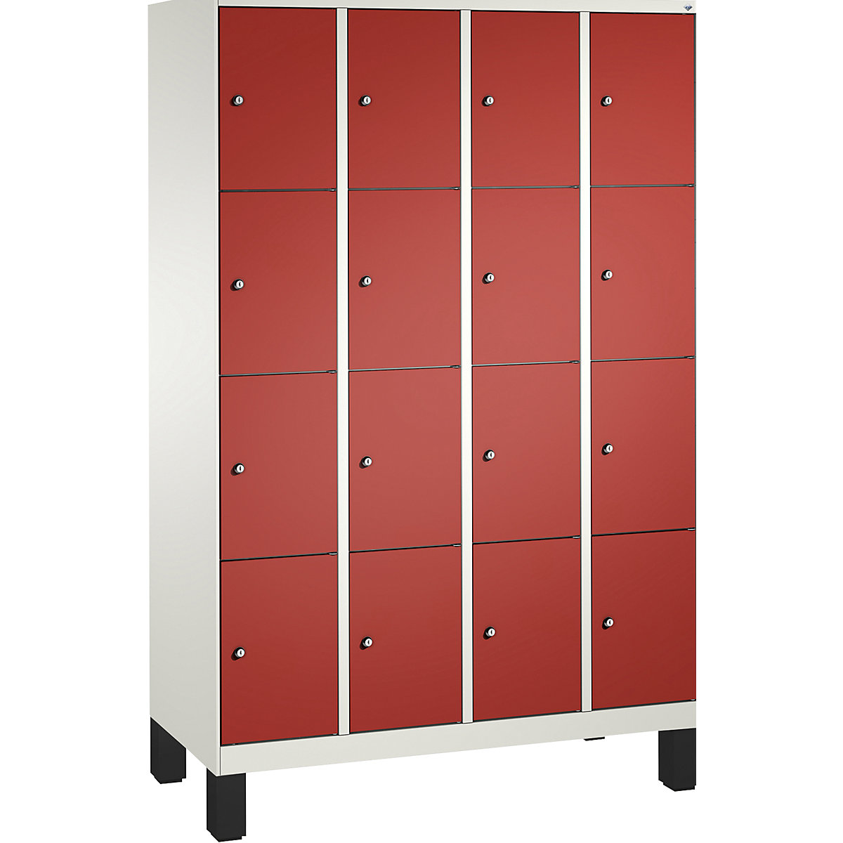 Armoire à casiers sur pieds EVOLO – C+P, 4 compartiments, 4 casiers chacun, largeur compartiments 300 mm, blanc trafic / rouge feu-5