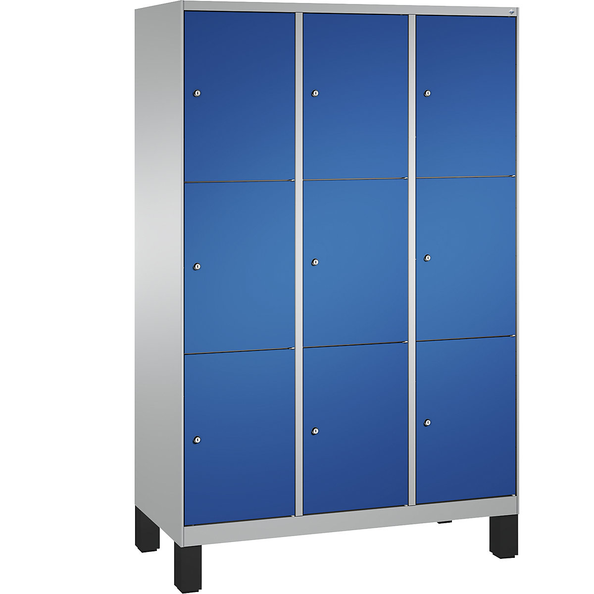 Armoire à casiers sur pieds EVOLO – C+P, 3 compartiments, 3 casiers chacun, largeur compartiments 400 mm, aluminium / bleu gentiane-17