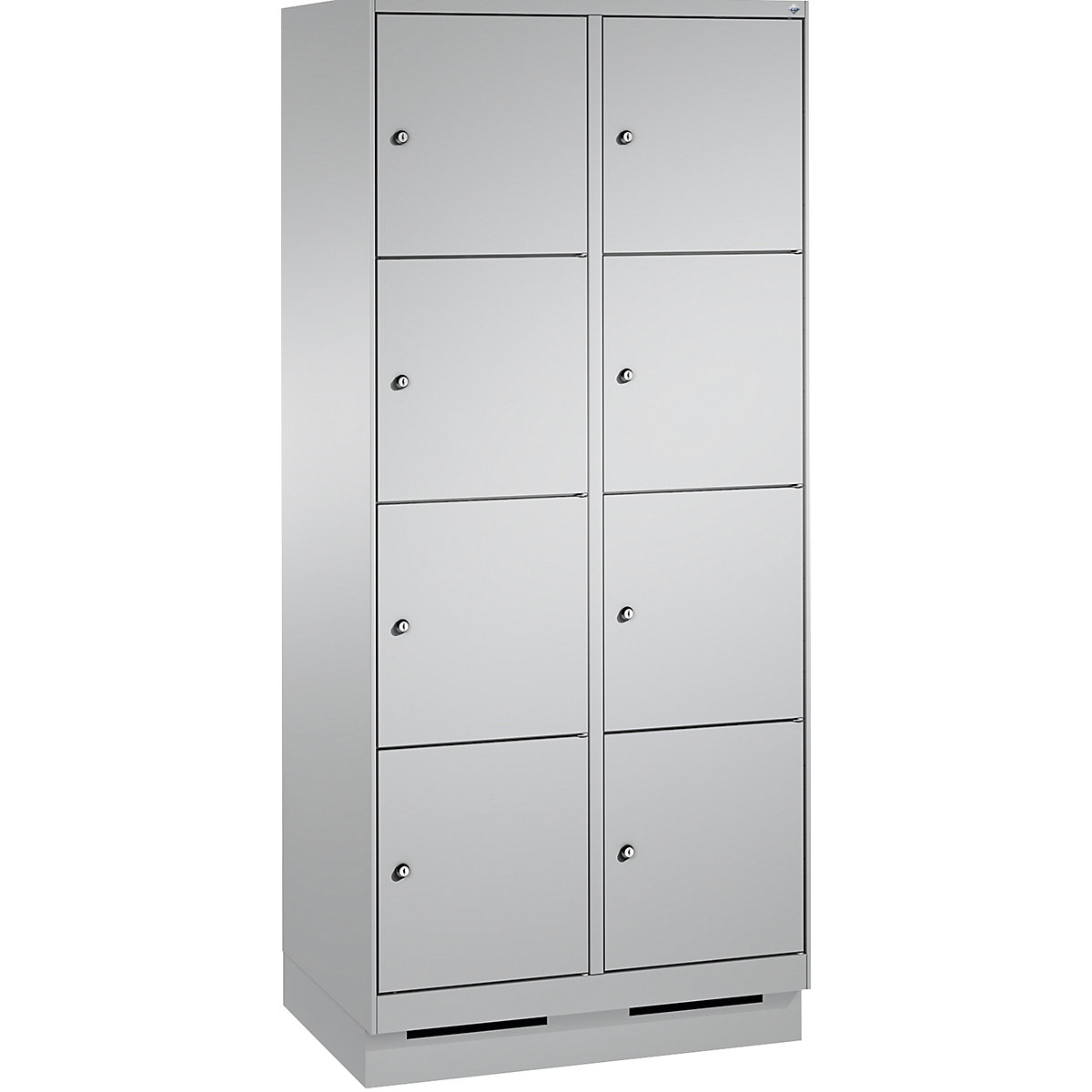 Armoire à casiers sur socle EVOLO – C+P, 2 compartiments, 4 casiers chacun, largeur compartiments 400 mm, aluminium / aluminium-10