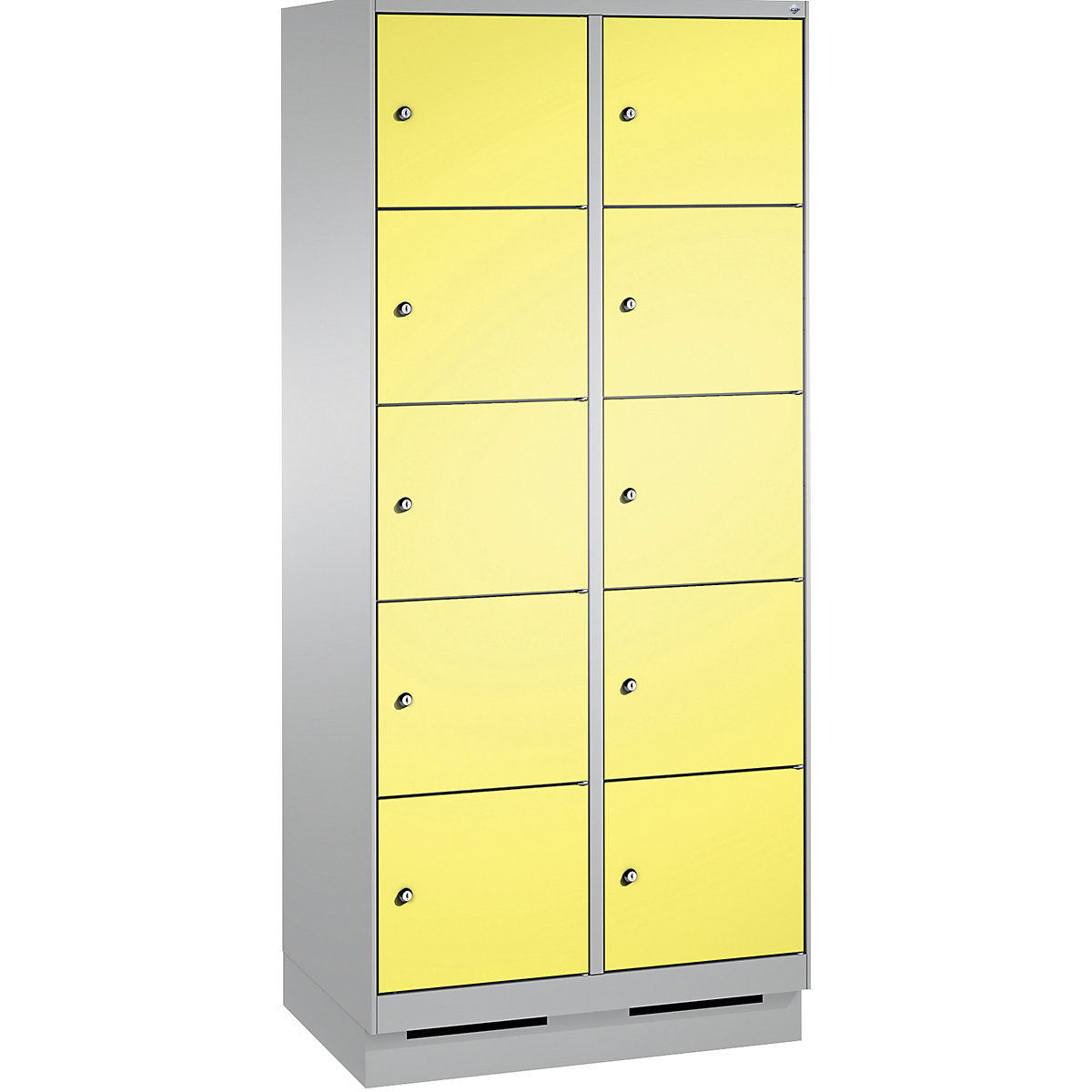 Armoire à casiers sur socle EVOLO – C+P, 2 compartiments, 5 casiers chacun, largeur compartiments 400 mm, aluminium / jaune soufre-5