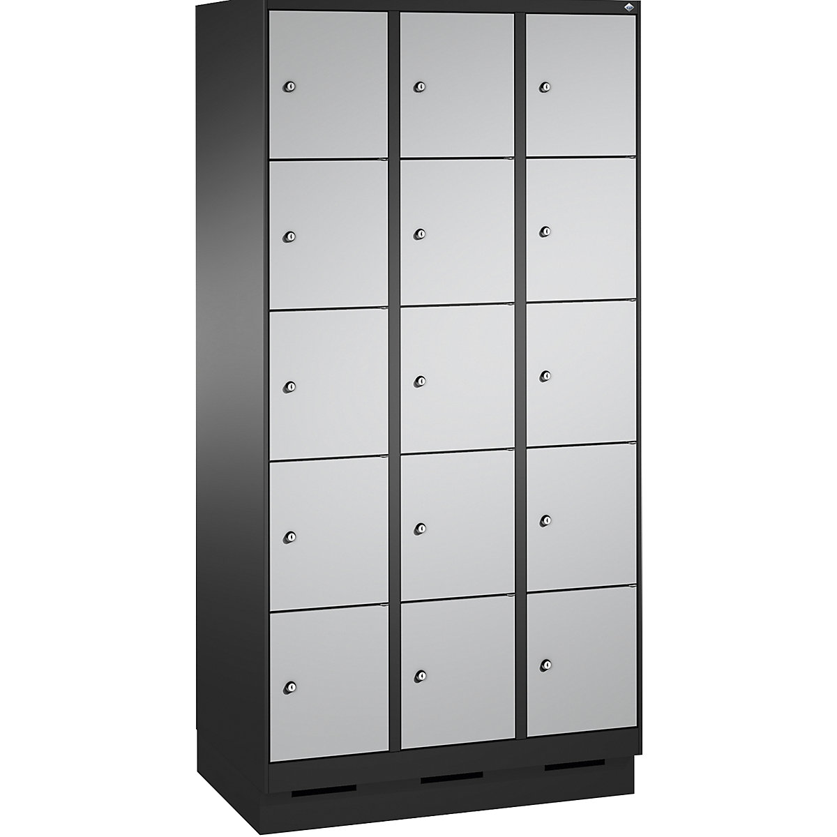 Armoire à casiers sur socle EVOLO – C+P, 3 compartiments, 5 casiers chacun, largeur compartiments 300 mm, gris noir / aluminium-4