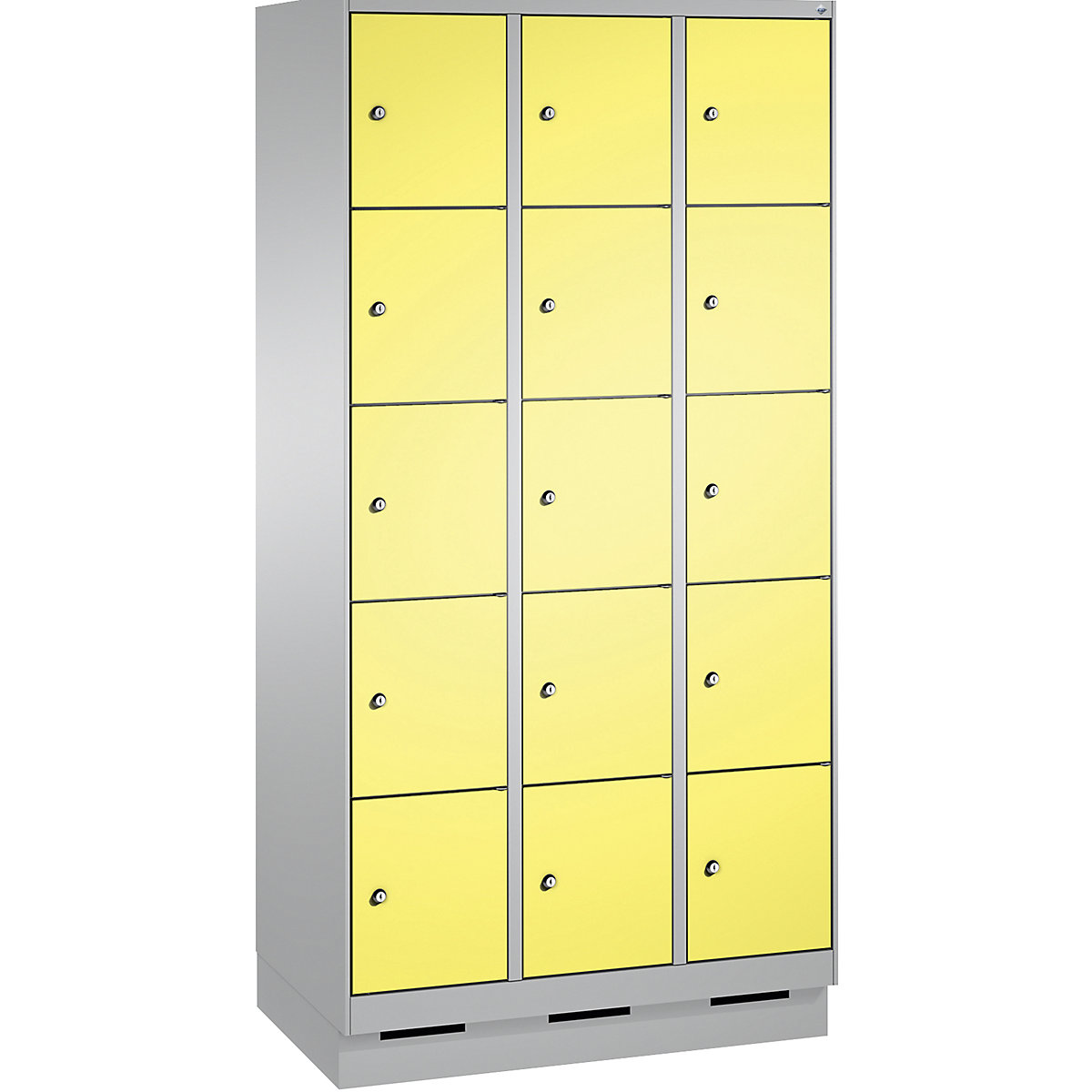 Armoire à casiers sur socle EVOLO – C+P, 3 compartiments, 5 casiers chacun, largeur compartiments 300 mm, aluminium / jaune soufre-6