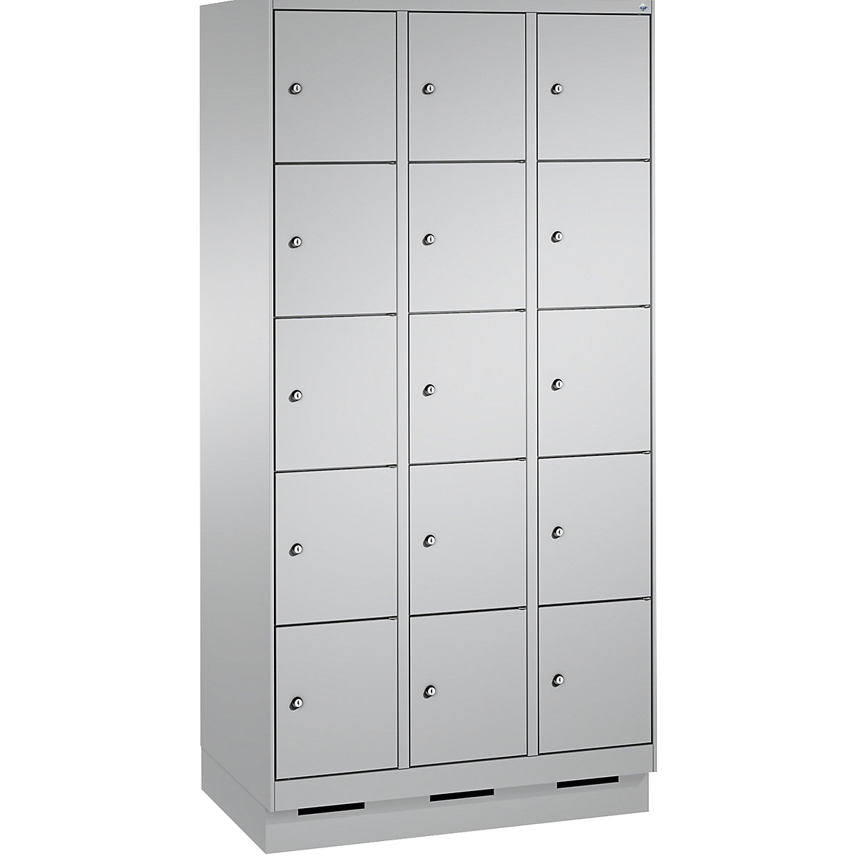 Armoire à casiers sur socle EVOLO – C+P, 3 compartiments, 5 casiers chacun, largeur compartiments 300 mm, aluminium / aluminium-11