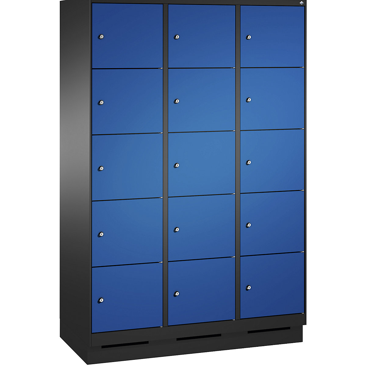 Armoire à casiers sur socle EVOLO – C+P, 3 compartiments, 5 casiers chacun, largeur compartiments 400 mm, gris noir / bleu gentiane-2