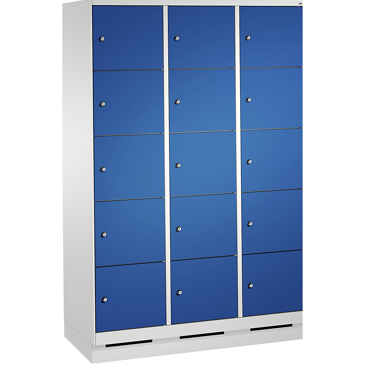 Armoire à casiers sur socle EVOLO – C+P, 3 compartiments, 5 casiers chacun, largeur compartiments 400 mm, gris clair / bleu gentiane-8