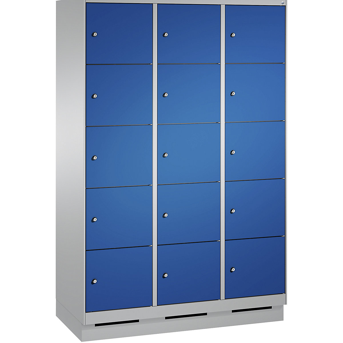 Armoire à casiers sur socle EVOLO – C+P, 3 compartiments, 5 casiers chacun, largeur compartiments 400 mm, aluminium / bleu gentiane-4