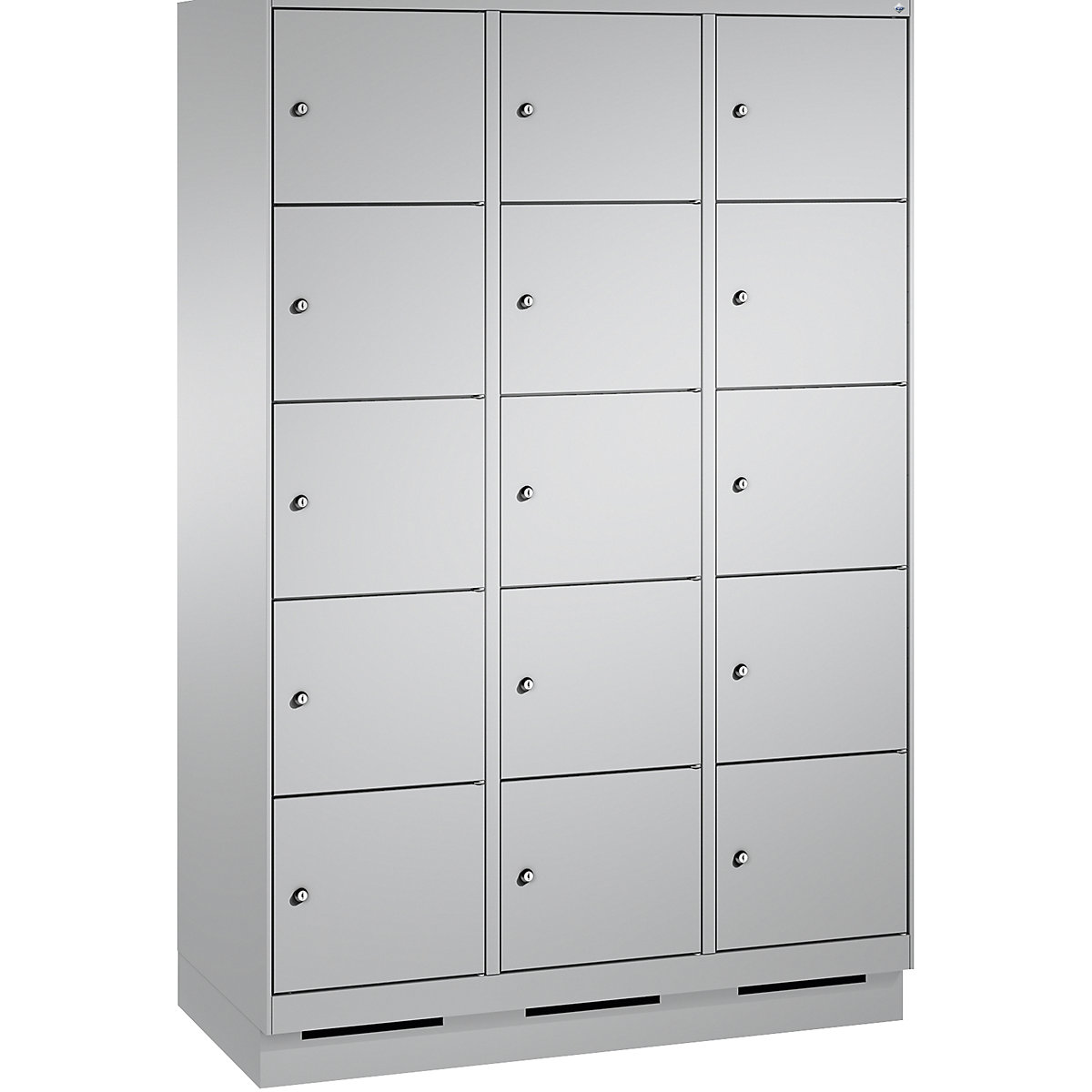 Armoire à casiers sur socle EVOLO – C+P, 3 compartiments, 5 casiers chacun, largeur compartiments 400 mm, aluminium / aluminium-17