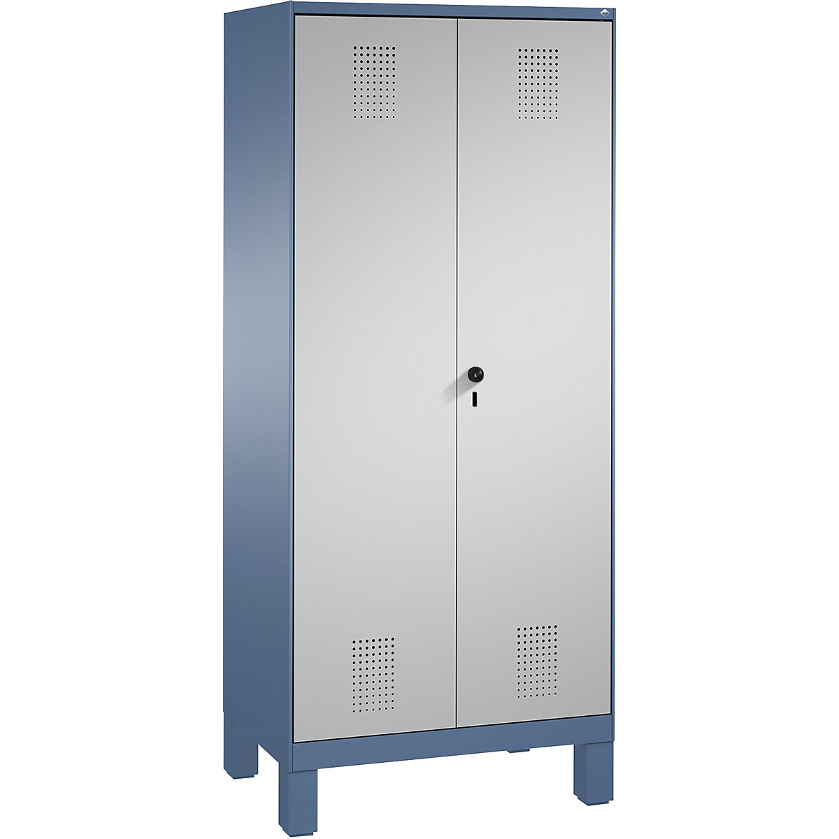 Armoire de ménage et d'entretien EVOLO – C+P, cloison médiane raccourcie, 6 patères, compartiments 2 x 400 mm, avec pieds, bleu distant / aluminium-7