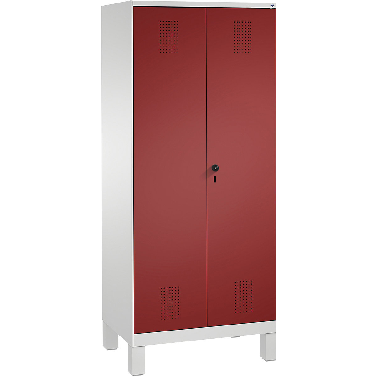 Armoire de ménage et d'entretien EVOLO – C+P, cloison médiane raccourcie, 6 patères, compartiments 2 x 400 mm, avec pieds, gris clair / rouge rubis-11