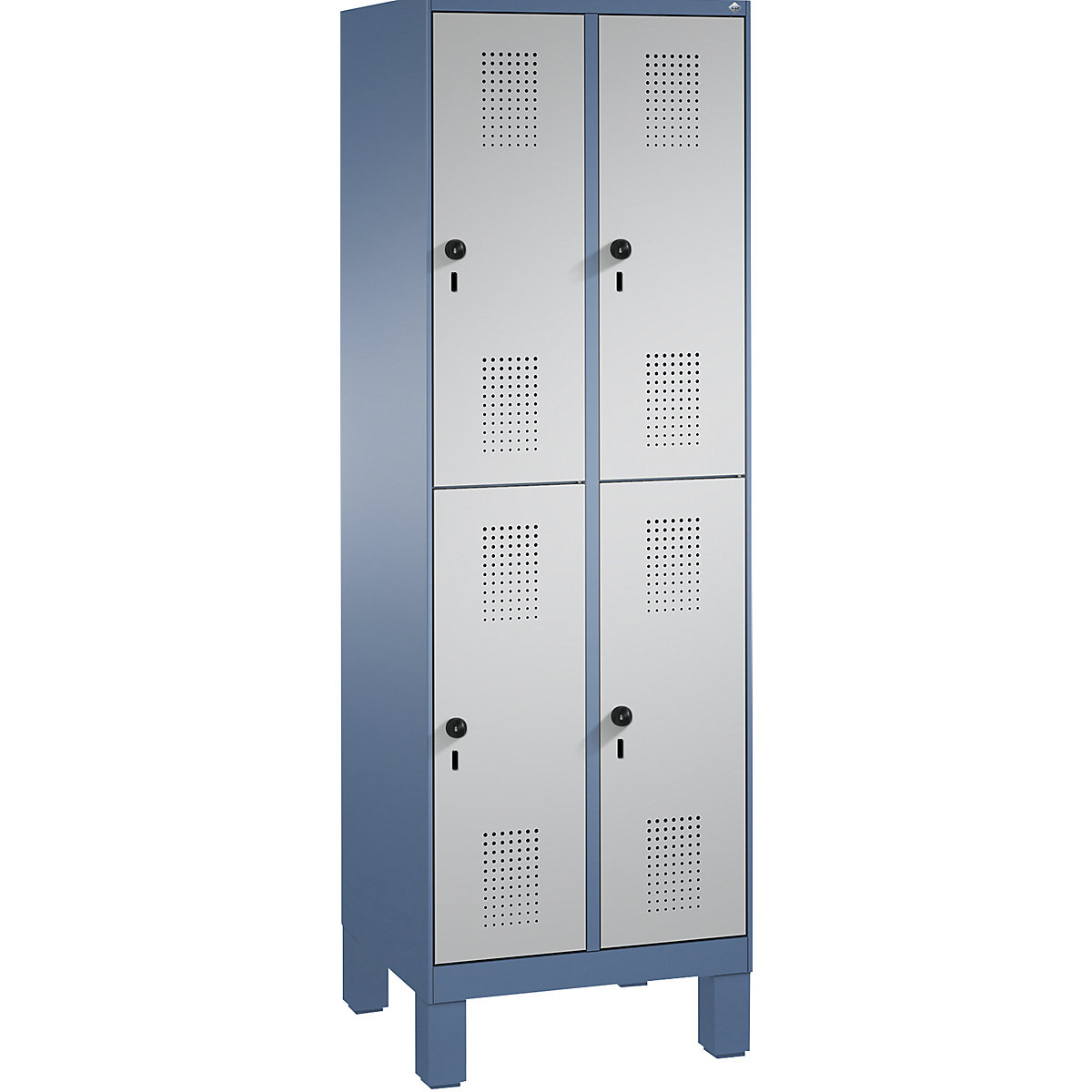 Penderie sur pieds EVOLO à deux étages – C+P, 2 compartiments, 2 casiers chacun, largeur compartiments 300 mm, bleu distant / aluminium-12