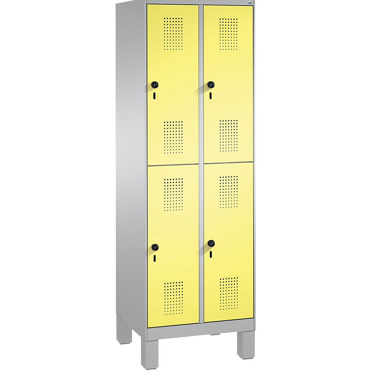 Penderie sur pieds EVOLO à deux étages – C+P, 2 compartiments, 2 casiers chacun, largeur compartiments 300 mm, aluminium / jaune soufre-2