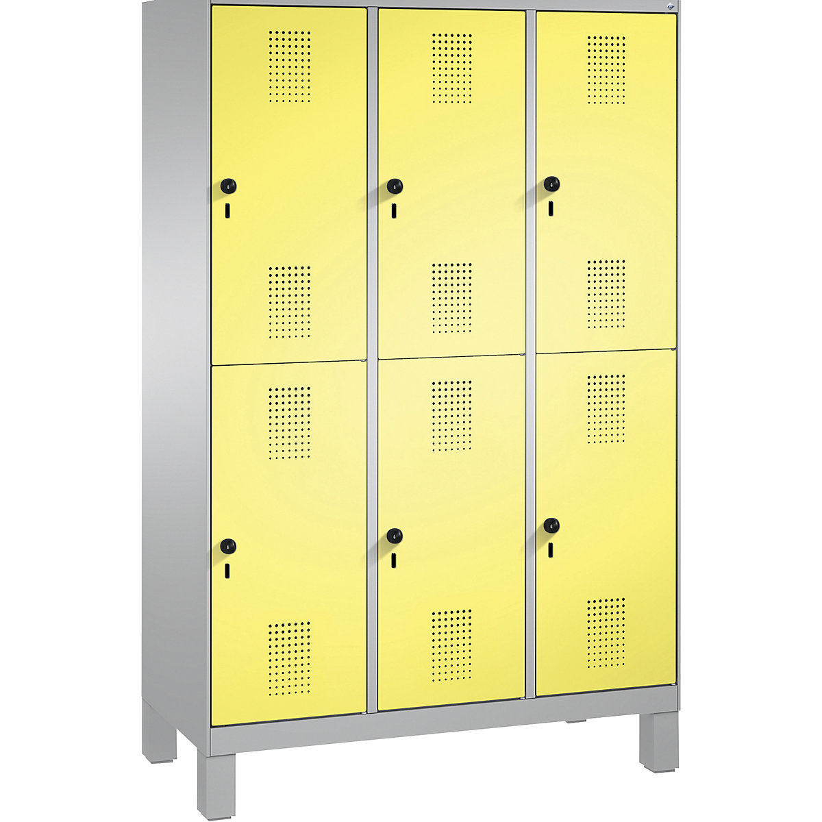 Penderie sur pieds EVOLO à deux étages – C+P, 3 compartiments, 2 casiers chacun, largeur compartiments 400 mm, aluminium / jaune soufre-14