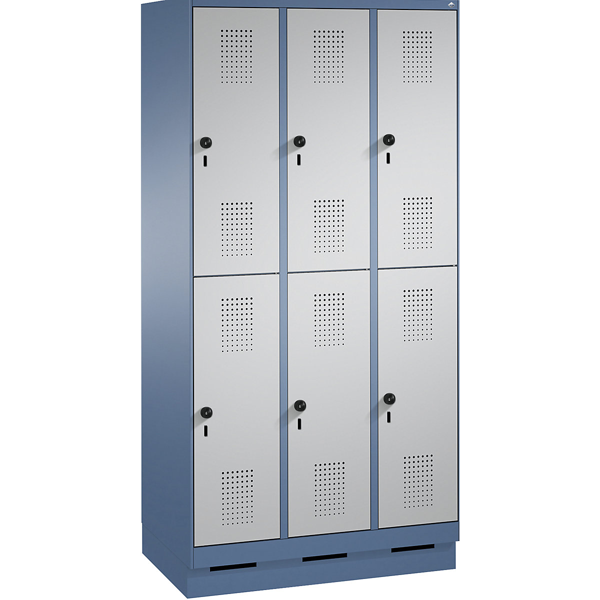 Penderie sur socle EVOLO à deux étages – C+P, 3 compartiments, 2 casiers chacun, largeur compartiments 300 mm, bleu distant / aluminium-9