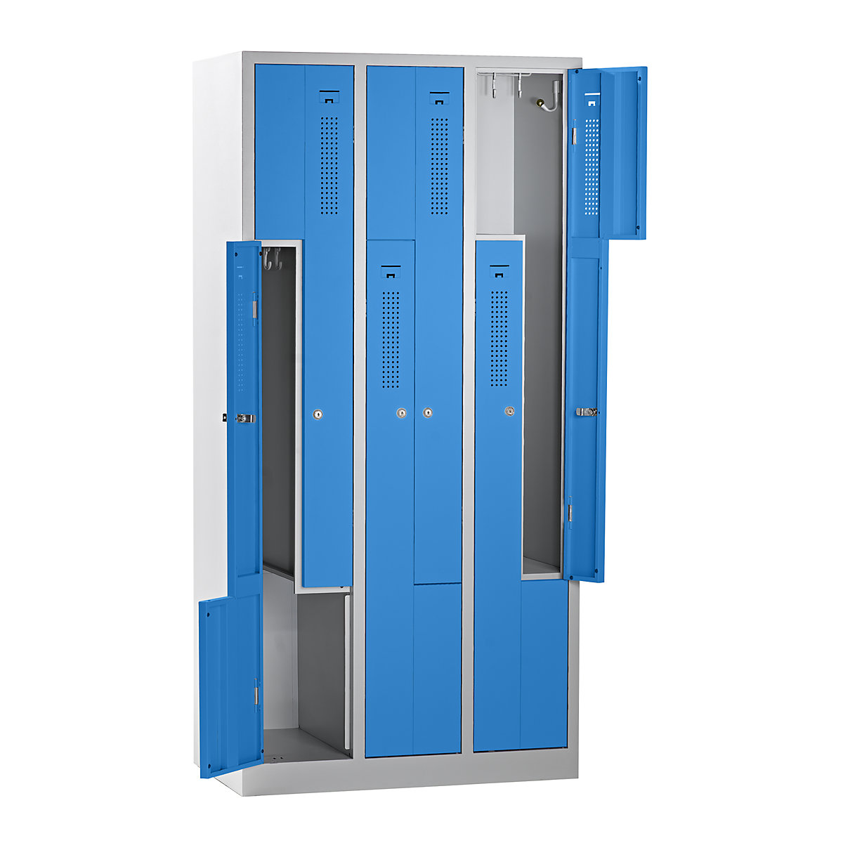 Vestiaire à portes en Z AMSTERDAM – eurokraft basic, largeur 870 mm, 3 compartiments, 6 portes, coloris porte bleu clair, coloris corps gris clair