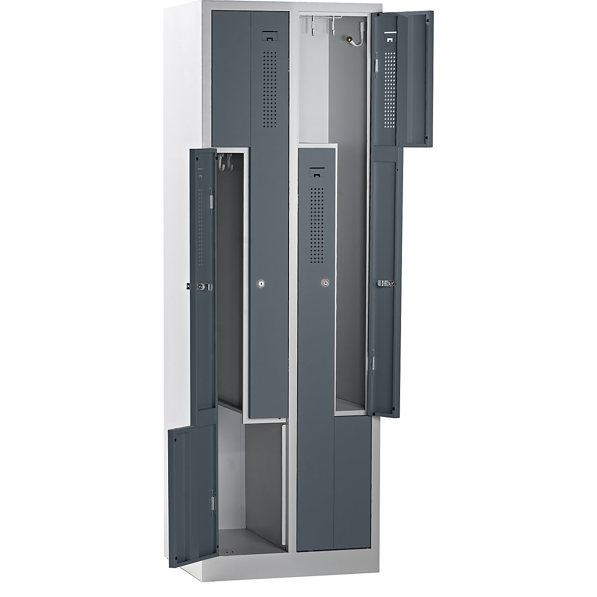 Vestiaire à portes en Z AMSTERDAM – eurokraft basic, largeur 590 mm, 2 compartiments, 4 portes, coloris porte gris basalte, coloris corps gris clair-4