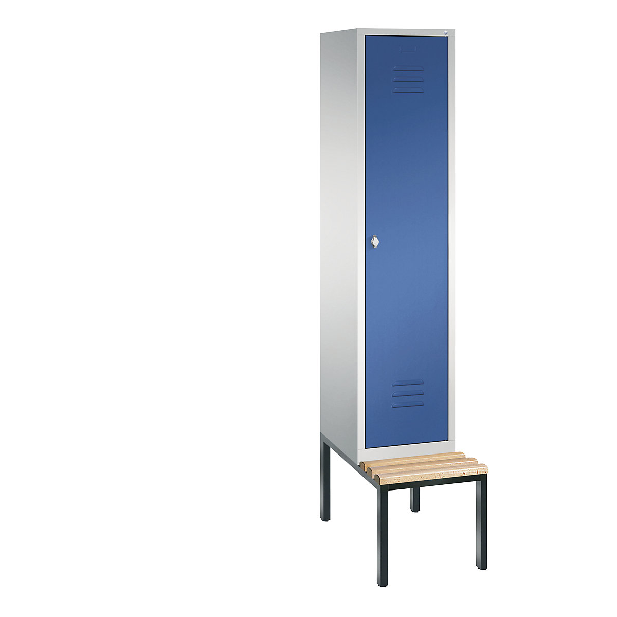 Vestiaire CLASSIC avec banc monté en dessous – C+P, 1 compartiment, largeur compartiment 400 mm, gris clair / bleu gentiane-12