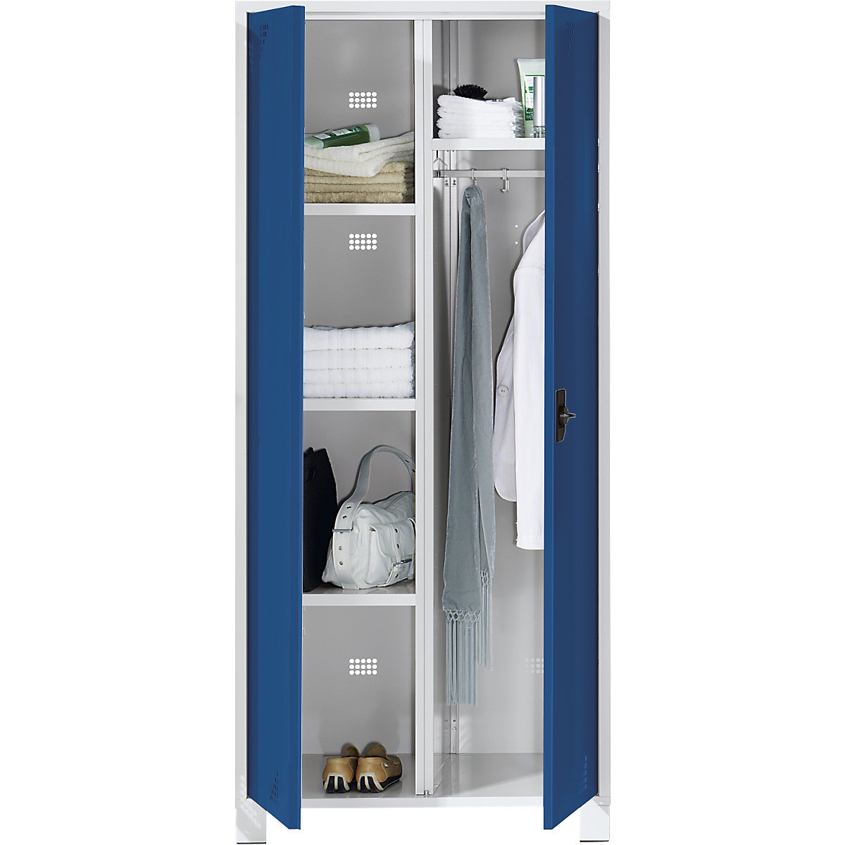 Vestiaire et armoire multi-usage – eurokraft pro, avec tringle, 6 compartiments, largeur 600 mm, corps gris clair, portes bleu brillant