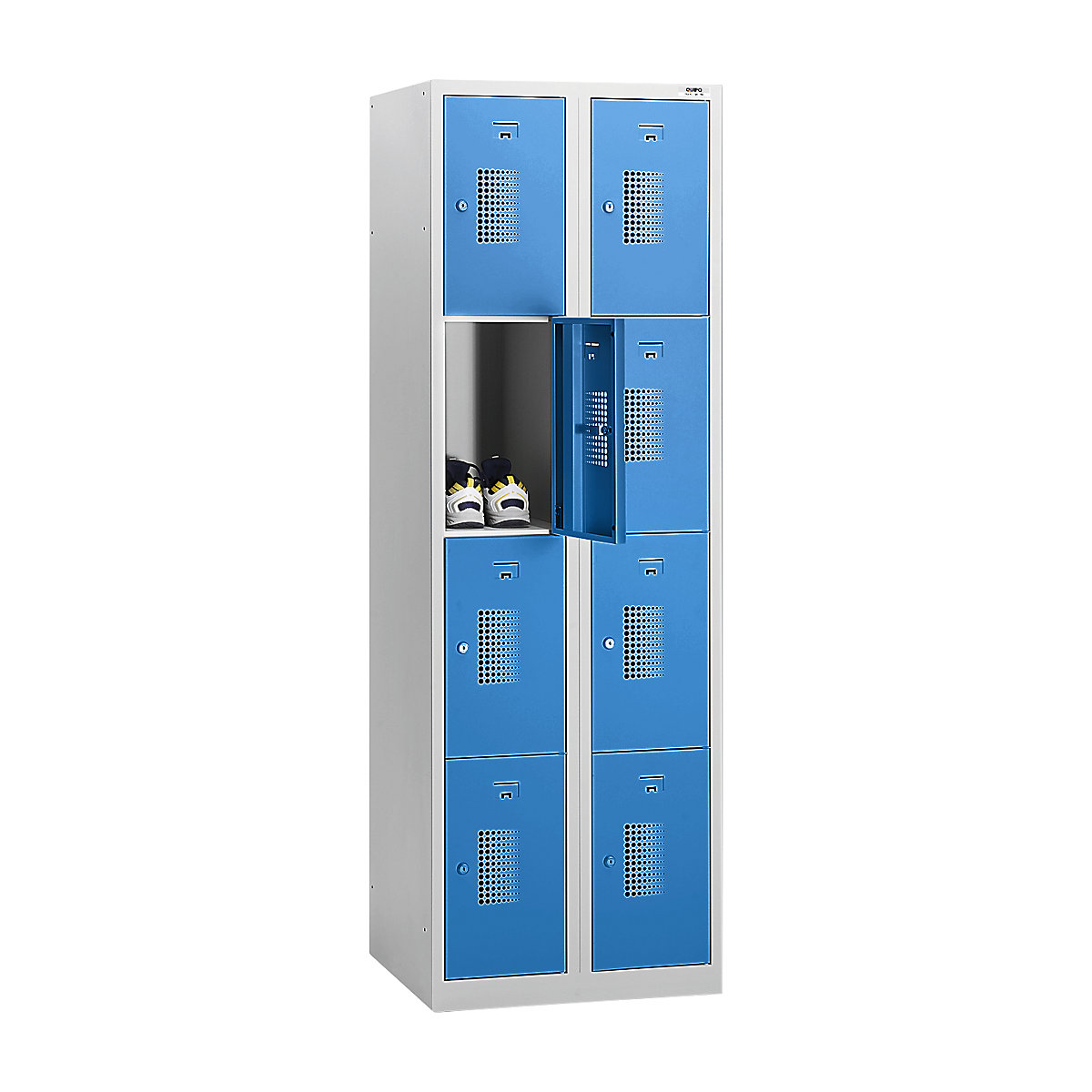 Vestiaire multicases AMSTERDAM – eurokraft basic, 2 compartiments, largeur 800 mm, 8 cases, serrure à cylindre, corps gris clair, portes bleu clair-18