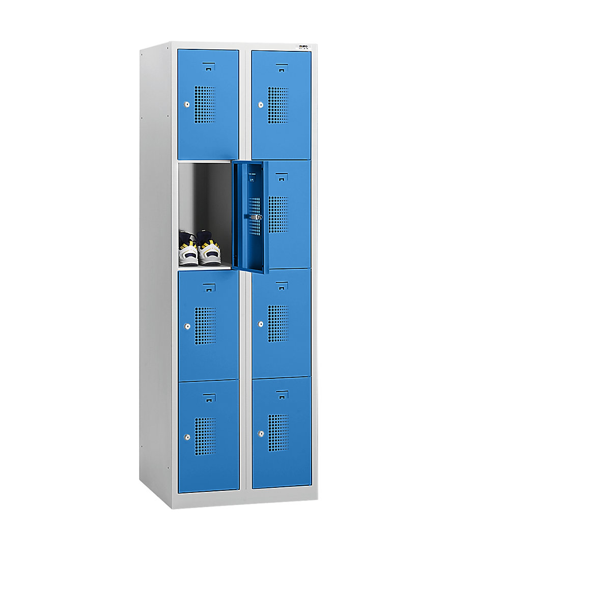 Vestiaire multicases AMSTERDAM – eurokraft basic, 2 compartiments, largeur 600 mm, 8 cases, serrure à cylindre, corps gris clair, portes bleu clair-22