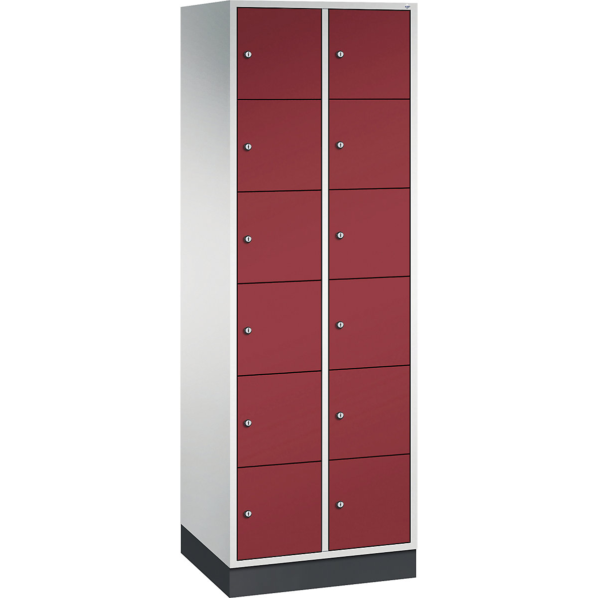 Vestiaire multicases en acier INTRO, casiers hauteur 285 mm – C+P, l x p 620 x 500 mm, 12 casiers, corps gris clair, portes rouge rubis-9