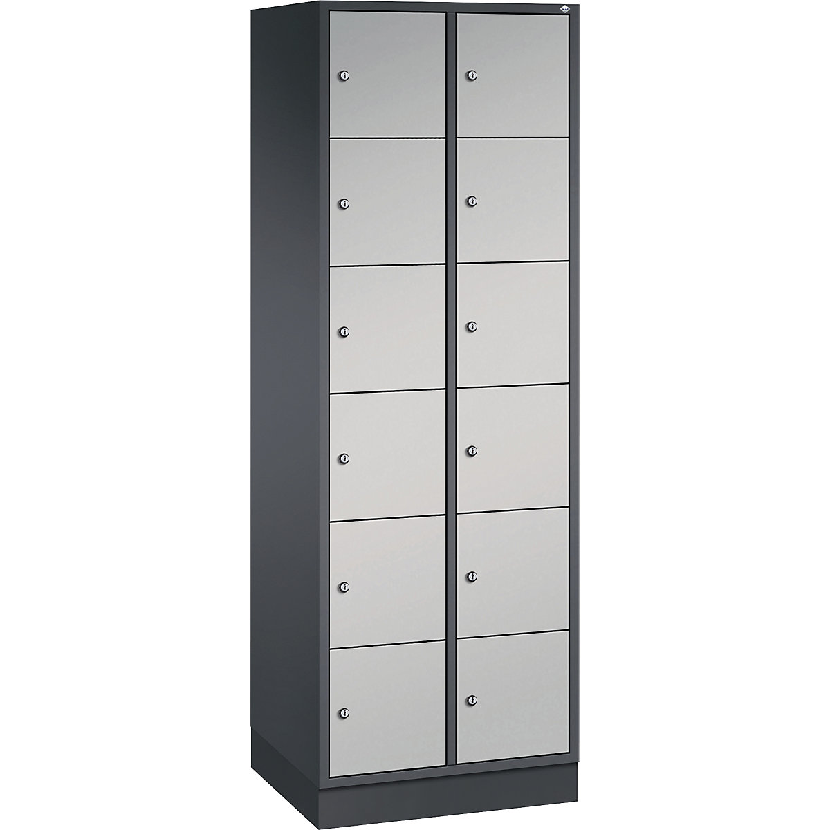 Vestiaire multicases en acier INTRO, casiers hauteur 285 mm – C+P, l x p 620 x 500 mm, 12 casiers, corps gris noir, portes coloris aluminium-12