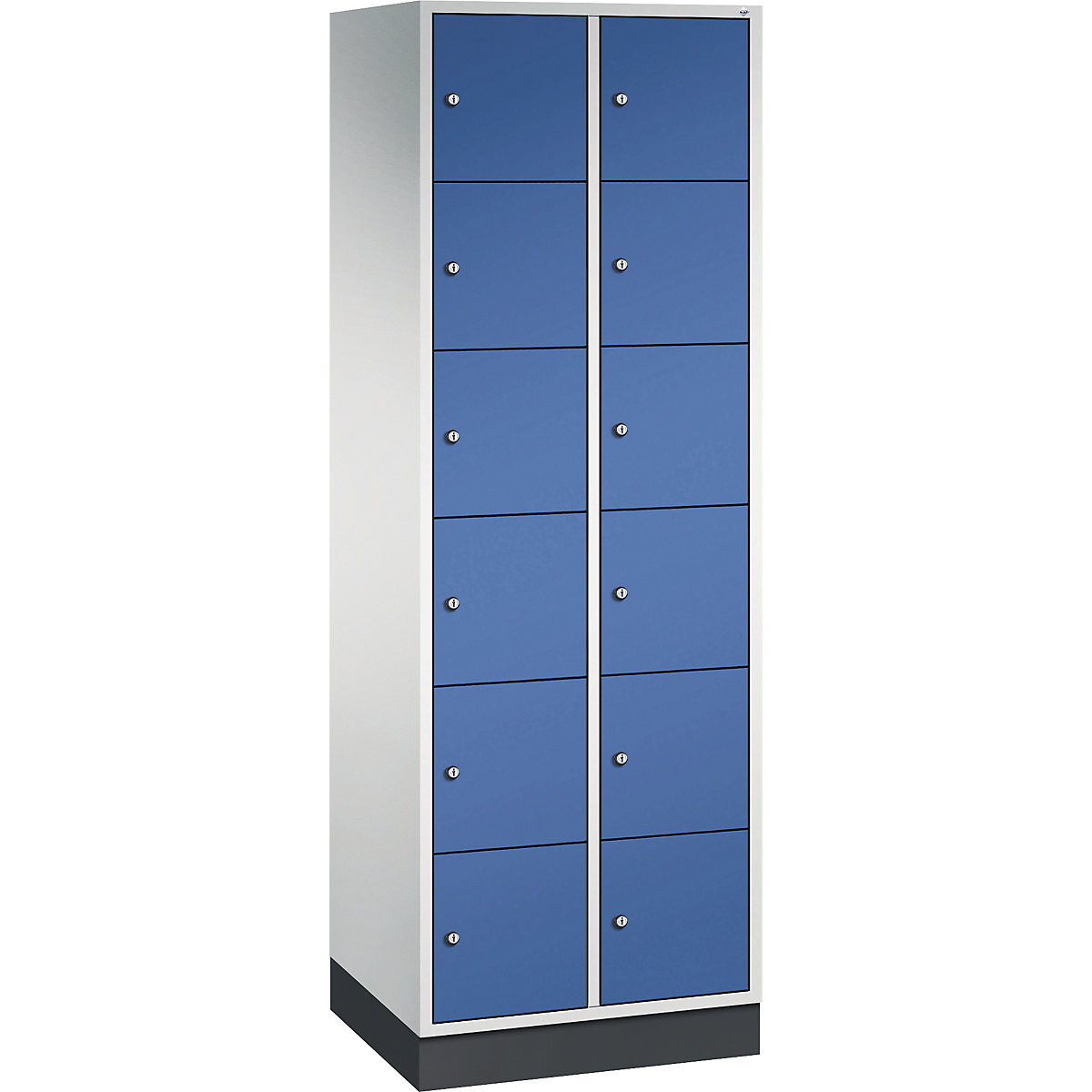 Vestiaire multicases en acier INTRO, casiers hauteur 285 mm – C+P, l x p 620 x 500 mm, 12 casiers, corps gris clair, portes bleu gentiane-11