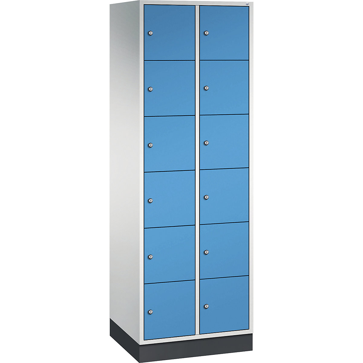 Vestiaire multicases en acier INTRO, casiers hauteur 285 mm – C+P, l x p 620 x 500 mm, 12 casiers, corps gris clair, portes bleu clair-5