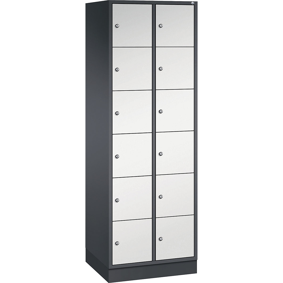 Vestiaire multicases en acier INTRO, casiers hauteur 285 mm – C+P, l x p 620 x 500 mm, 12 casiers, corps gris noir, portes gris clair-3
