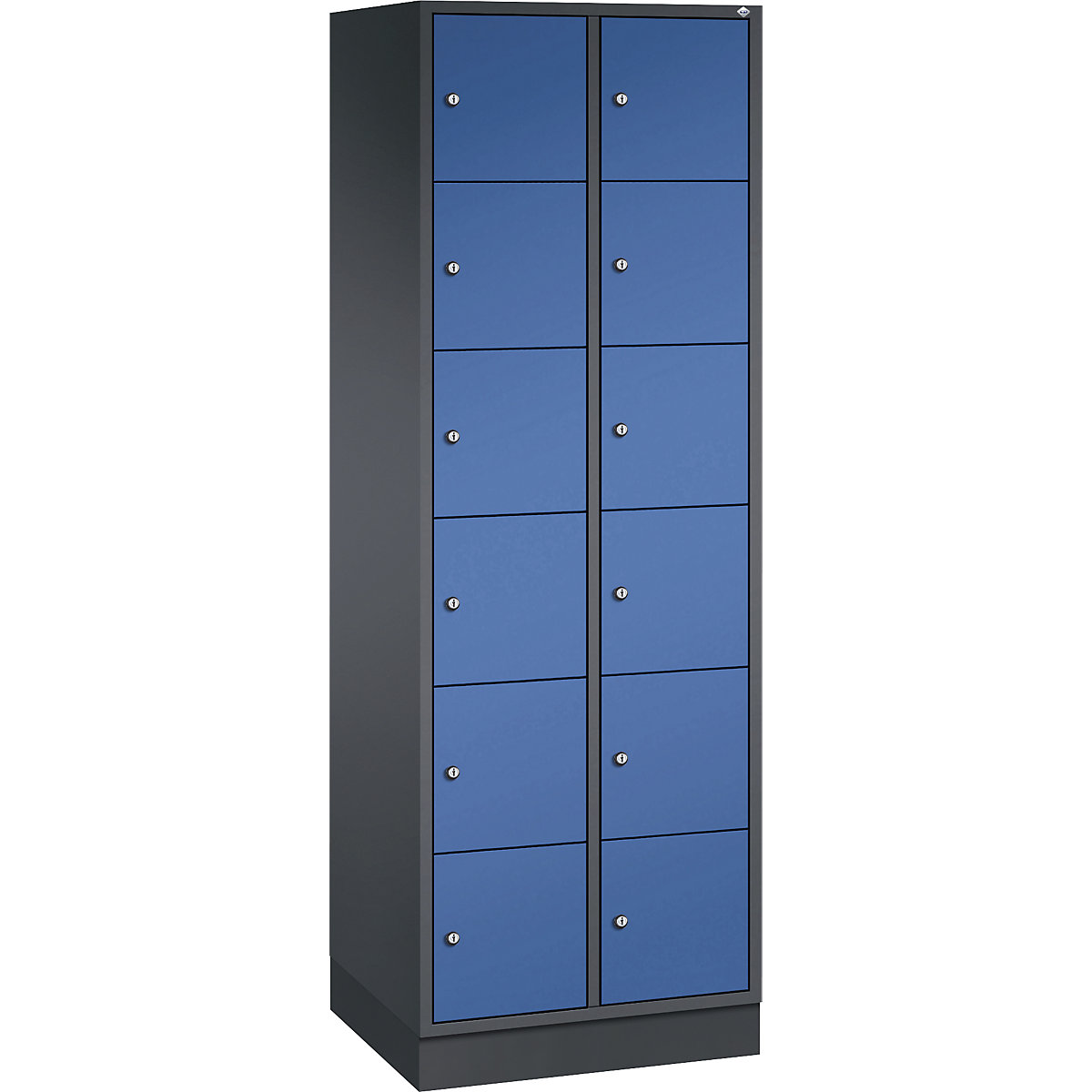 Vestiaire multicases en acier INTRO, casiers hauteur 285 mm – C+P, l x p 620 x 500 mm, 12 casiers, corps gris noir, portes bleu gentiane-14