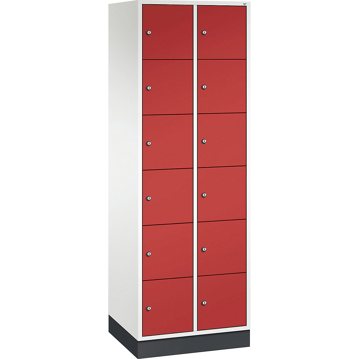 Vestiaire multicases en acier INTRO, casiers hauteur 285 mm – C+P, l x p 620 x 500 mm, 12 casiers, corps blanc pur, portes rouge feu-10