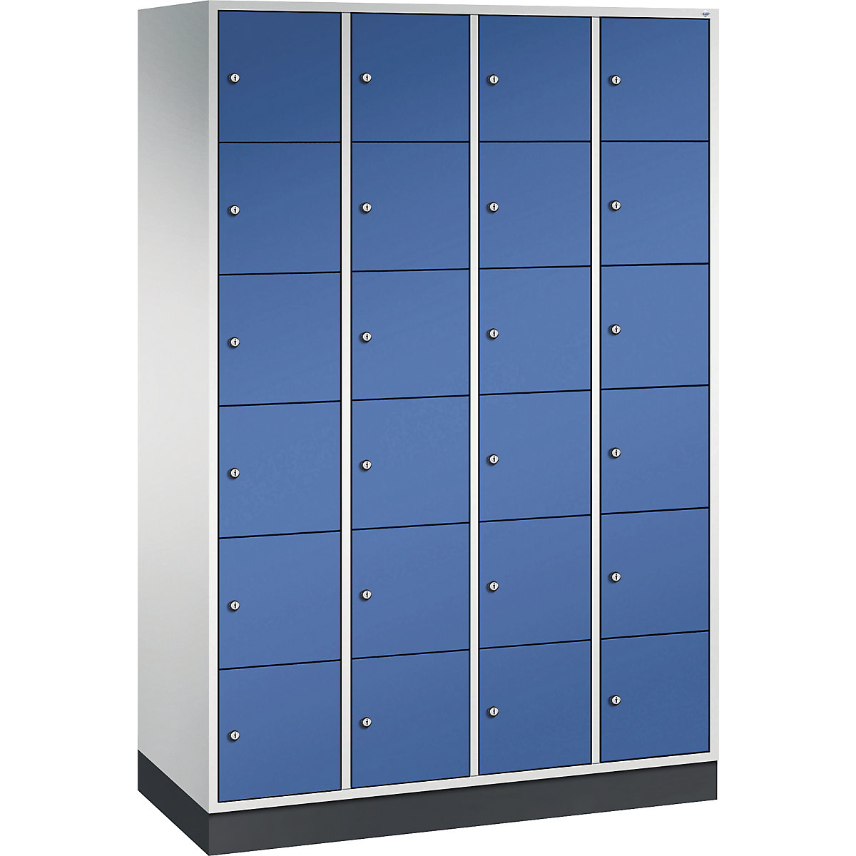 Vestiaire multicases en acier INTRO, casiers hauteur 285 mm – C+P, l x p 1220 x 500 mm, 24 casiers, corps gris clair, portes bleu gentiane-13