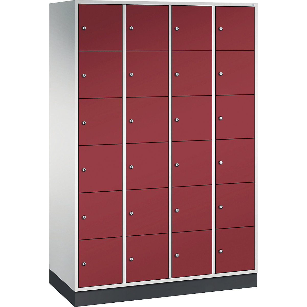 Vestiaire multicases en acier INTRO, casiers hauteur 285 mm – C+P, l x p 1220 x 500 mm, 24 casiers, corps gris clair, portes rouge rubis-15
