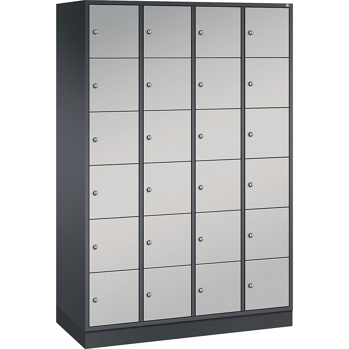 Vestiaire multicases en acier INTRO, casiers hauteur 285 mm – C+P, l x p 1220 x 500 mm, 24 casiers, corps gris noir, portes coloris aluminium-16