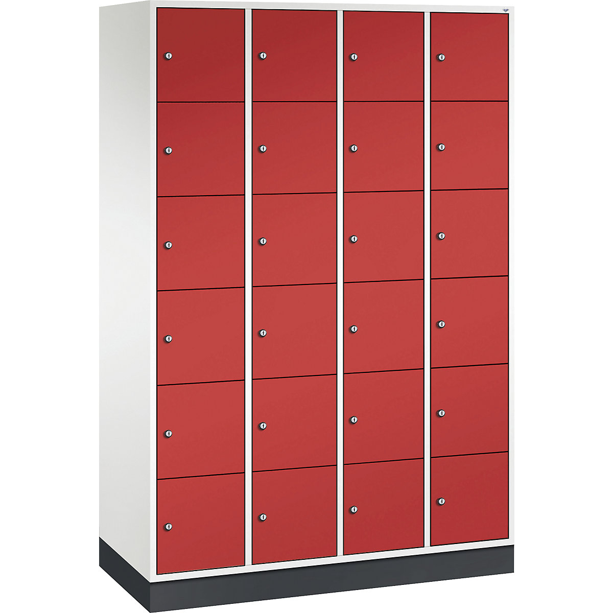 Vestiaire multicases en acier INTRO, casiers hauteur 285 mm – C+P, l x p 1220 x 500 mm, 24 casiers, corps blanc pur, portes rouge feu-4
