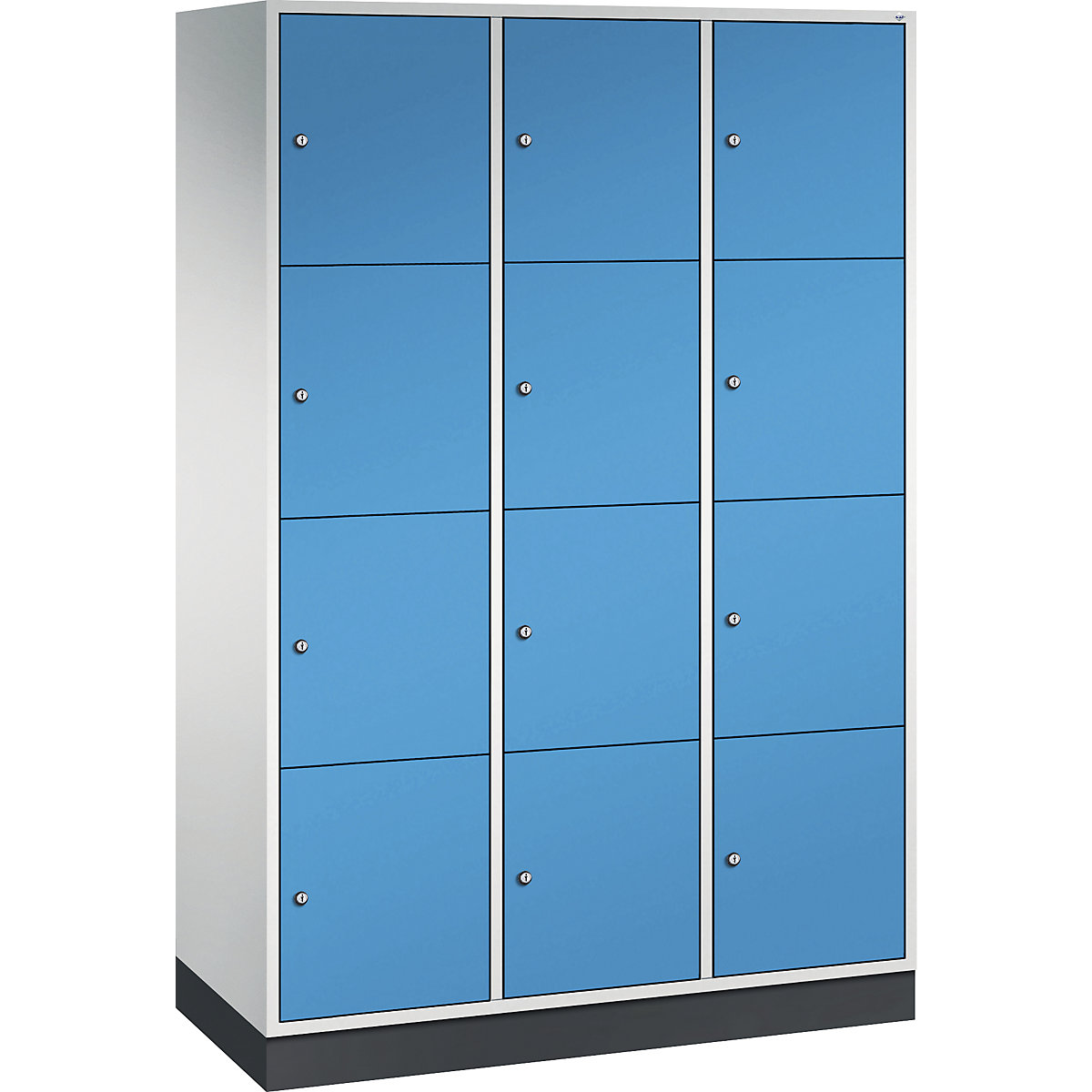 Vestiaire multicases en acier INTRO, casiers hauteur 435 mm – C+P, l x p 1220 x 500 mm, 12 casiers, corps gris clair, portes bleu clair-13