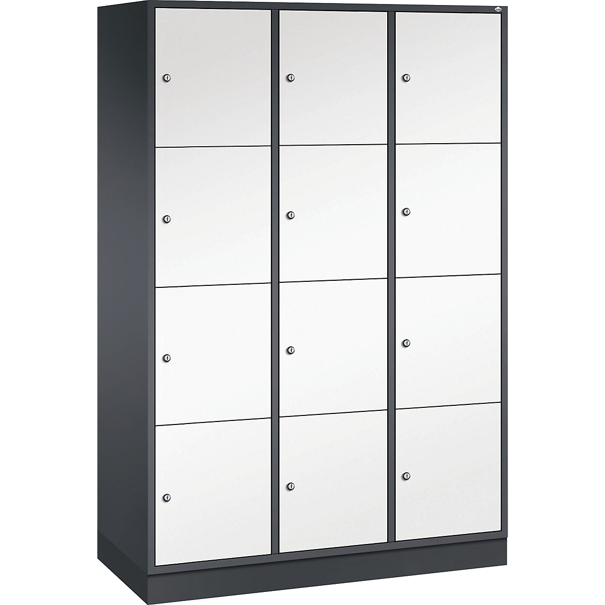 Vestiaire multicases en acier INTRO, casiers hauteur 435 mm – C+P, l x p 1220 x 500 mm, 12 casiers, corps gris noir, portes blanc pur-9