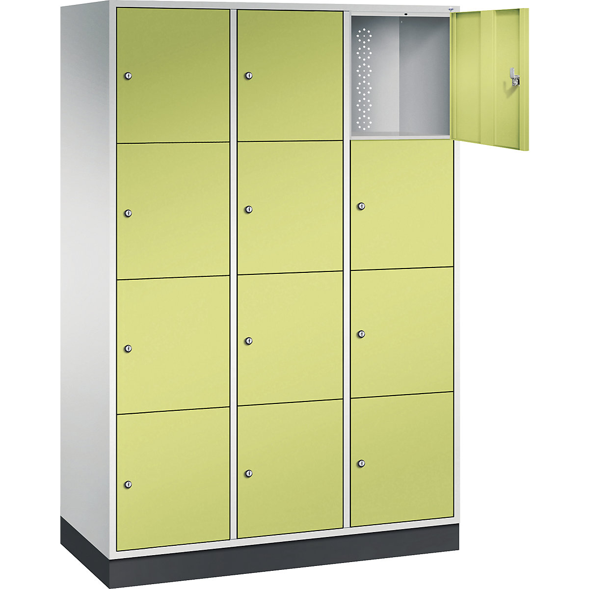 Vestiaire multicases en acier INTRO, casiers hauteur 435 mm – C+P, l x p 1220 x 500 mm, 12 casiers, corps gris clair, portes vert viridin-15